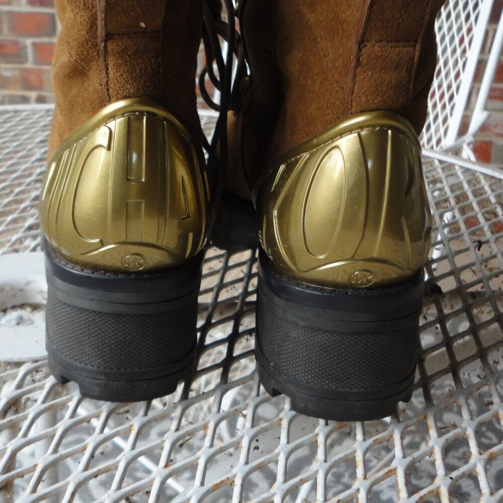MICHAEL KORS "Khloe" Brown Suede Chunky Combat Boots with Gold Trim Size 7.5 - Picture 6 of 9